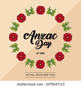 vector illustration for Anzac Day with poppy flowers, celebrated on 25th April. Can be used for poster, banner, background, icon, symbol, label, logo, greeting, and print designs.
