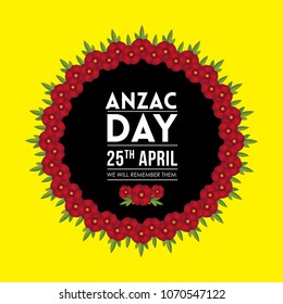 vector illustration for Anzac Day with poppy flowers, celebrated on 25th April. Can be used for poster, banner, background, icon, symbol, label, logo, greeting, and print designs.