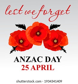 Vector illustration for Anzac Day. Poppy flowers and the inscription "Lest we forget" on Anzac Memorial Day.