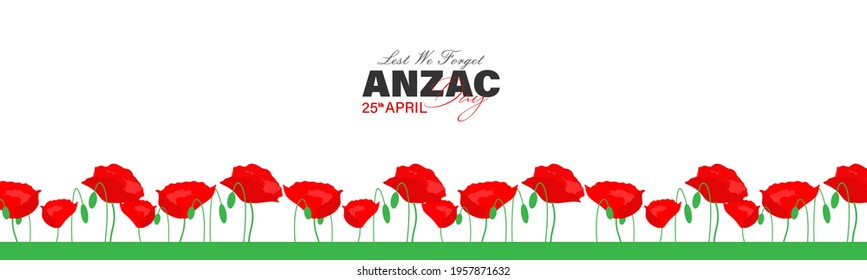 Vector illustration of Anzac day. Poppy flower. Remembrance day symbol. Lest we forget lettering. 