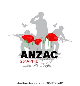 Vector illustration of Anzac day. Poppy flower. Remembrance day symbol. Lest we forget lettering. 