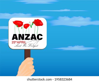 Vector illustration of Anzac day. Poppy flower. Remembrance day symbol. Lest we forget lettering. 