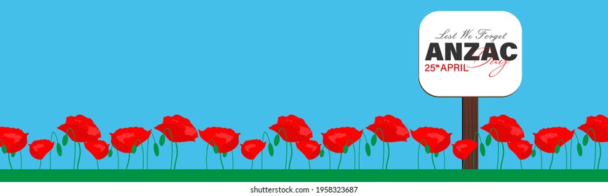 Vector illustration of Anzac day. Poppy flower. Remembrance day symbol. Lest we forget lettering. 