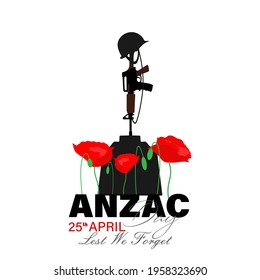 Vector illustration of Anzac day. Poppy flower. Remembrance day symbol. Lest we forget lettering. 