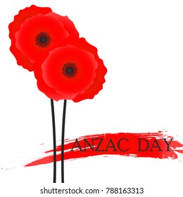 Vector illustration for ANZAC(Australia New Zealand Army Corps) Day. Two poppy flowers on white, with red brush stroke.