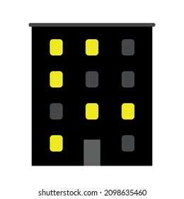 Vector illustration of apartment block with various lights on in windows. Block of flats during the night with some lights switched on. 
