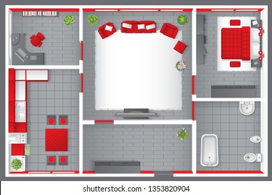 Vector illustration. Apartment floor plan. (top view) Furnished flat. (view from above) Interior architecture. Living room, bedroom, kitchen, bathroom, office. 