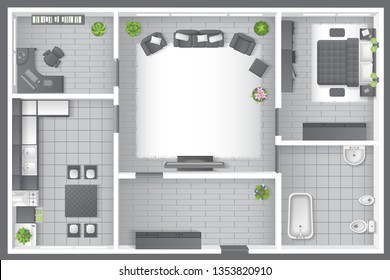 Vector illustration. Apartment floor plan. (top view) Furnished flat. (view from above) Interior architecture. Living room, bedroom, kitchen, bathroom, office. 