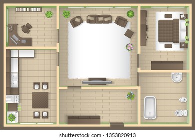 Vector illustration. Apartment floor plan. (top view) Furnished flat. (view from above) Interior architecture. Living room, bedroom, kitchen, bathroom, office. 