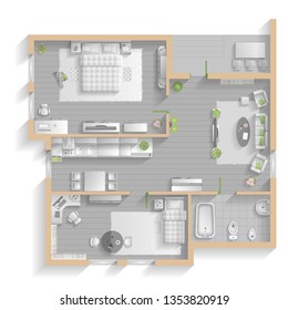 Vector illustration. Apartment floor plan. (top view) Furnished flat. (view from above) Interior architecture. Living room, bedroom, kitchen, bathroom, office. 