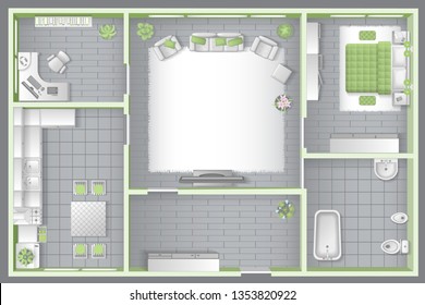 Vector illustration. Apartment floor plan. (top view) Furnished flat. (view from above) Interior architecture. Living room, bedroom, kitchen, bathroom, office. 