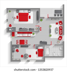 Vector illustration. Apartment floor plan. (top view) Furnished flat. (view from above) Interior architecture. Living room, bedroom, kitchen, bathroom, office. 