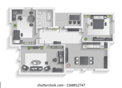  Ilustración vectorial. Plano de piso de apartamento. (vista superior) Amueblado plano. (vista desde arriba) Arquitectura interior. Salón, dormitorio, cocina, baño, oficina. 