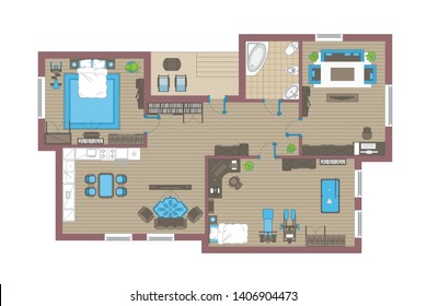 Vector illustration. Apartment floor plan. (top view) Furnished flat. (view from above) Interior architecture. Living room, bedroom, kitchen, bathroom, office. 