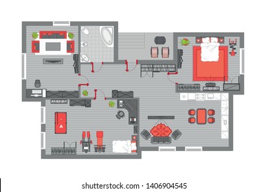 Vector illustration. Apartment floor plan. (top view) Furnished flat. (view from above) Interior architecture. Living room, bedroom, kitchen, bathroom, office. 