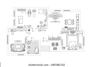 Vector illustration. Apartment floor plan. (top view) Furnished flat. (view from above) Interior architecture. Living room, bedroom, kitchen, bathroom, office. 