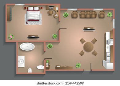 Ilustración vectorial. Plano de piso de apartamento. (vista superior) Amueblado de forma plana. (vista desde arriba) Arquitectura interior. Salón, dormitorio, cocina, baño, oficina. 