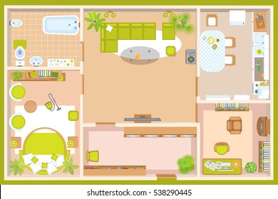 Vector illustration. Apartment floor plan. (top view) Furnished flat. (view from above)
Interior architecture. Living room, bedroom, kitchen, bathroom, office.