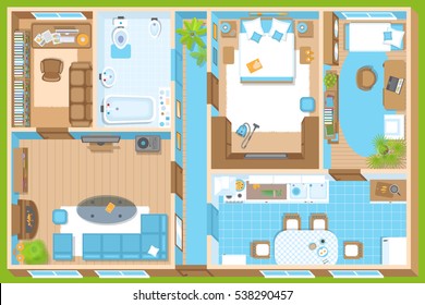 Vector illustration. Apartment floor plan. (top view) Furnished flat. (view from above) Interior architecture. Living room, bedroom, kitchen, bathroom, nursery, office.