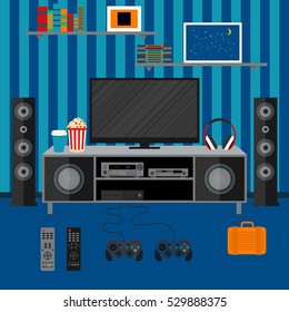 Vector illustration apartment with a home cinema. Illustration flat TV.
