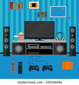 Vector illustration apartment with a home cinema. Illustration flat TV.