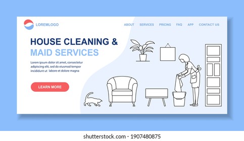 Vector illustration Apartment House Cleaning Maid service Woman cleans the room, wipes dust Professional hygiene service domestic household chores Housekeeping business Design for website, app, print