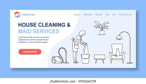 Vector illustration Apartment House Cleaning Maid service Woman cleans the room, wipes dust Professional hygiene service domestic household chores Housekeeping business Design for website, app, print