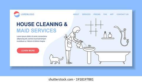 Vector illustration Apartment House Cleaning Maid service Woman washing plumbing in bathroom. Professional hygiene service for domestic household chores. Housekeeping business Design Website App Print