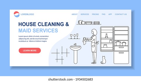 Vector illustration Apartment House Cleaning Maid service Woman wiping fridge Professional hygiene service domestic household chores Clean kitchen Housekeeping business Design for website, app, print