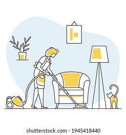 Vector illustration Apartment House Cleaning Maid service Woman cleans the room, vacuums Professional hygiene service domestic household chores Housekeeping business Design for website, app, print