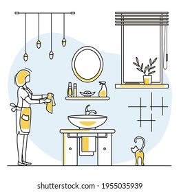Vector illustration Apartment House Cleaning Maid service Woman washing plumbing in bathroom. Professional hygiene service for domestic household chores. Housekeeping business Design Website App Print
