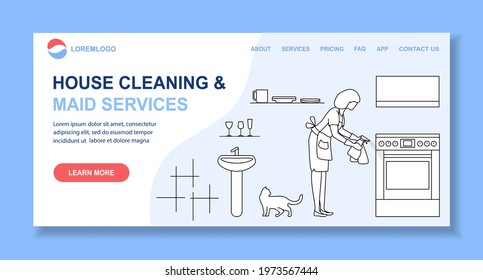 Vector illustration Apartment House Cleaning Maid service Woman wiping stove. Professional hygiene service domestic household chores Clean kitchen Housekeeping business Design for website, app, print