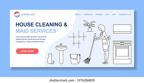 Vector illustration Apartment House Cleaning Maid service Woman cleans the kitchen. Professional hygiene service domestic household chores Housekeeping business Design for website, app, print