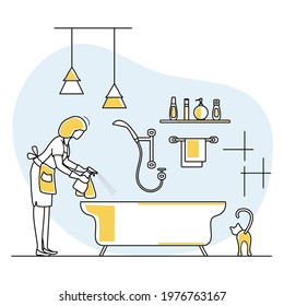 Vector illustration Apartment House Cleaning Maid service Woman washing plumbing in bathroom. Professional hygiene service for domestic household chores. Housekeeping business Design Website App Print