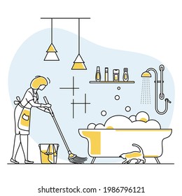 Vector illustration Apartment House Cleaning Maid service Woman cleans, sweeps bathroom. Professional hygiene service for domestic household chores. Housekeeping business Design for website app print