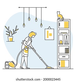 Vector illustration Apartment House Cleaning Maid service Woman cleans the room, vacuums Professional hygiene service domestic household chores Housekeeping business Design for website, app, print