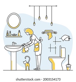 Vector ilustración Apartment House Cleaning Maid Servicio Mujer lavando tuberías en el baño. Servicio de higiene profesional para las tareas domésticas. Impresión de aplicaciones de diseño de sitios web para empresas domésticas
