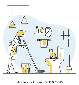 Vector illustration Apartment House Cleaning Maid service Woman cleans, sweeps in lavatory. Professional hygiene service for domestic household chores. Housekeeping business Design Website App Print