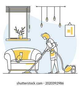 Vector illustration Apartment House Cleaning Maid service Woman cleans the room, vacuums Professional hygiene service domestic household chores Housekeeping business Design for website, app, print