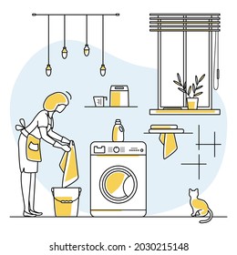 Vector illustration Apartment House Cleaning Maid service Woman cleans the bathroom. Professional hygiene service for domestic household chores. Housekeeping business. Design for website, app, print