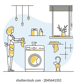 Vector illustration Apartment House Cleaning Maid service Woman cleans the bathroom. Professional hygiene service for domestic household chores. Housekeeping business. Design for website, app, print