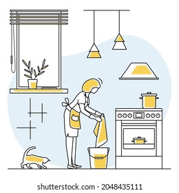 Vector illustration Apartment House Cleaning Maid service Woman wiping stove. Professional hygiene service domestic household chores Clean kitchen Housekeeping business Design for website, app, print