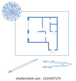 Vector illustration with apartment plan, compass, pencil, cactus. Architecture project.