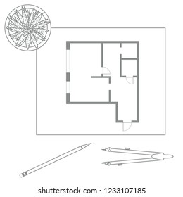 Vector illustration with apartment plan, compass, pencil, cactus. Architecture project.