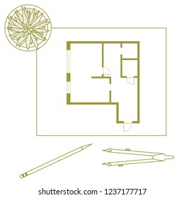 Vector illustration with apartment plan, compass, pencil, cactus. Architecture project.