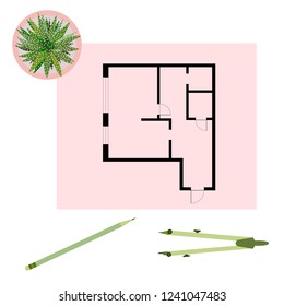 Vector illustration with apartment plan, compass, pencil, cactus. Architecture project.
