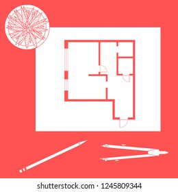 Vector illustration with apartment plan, compass, pencil, cactus. Architecture project.