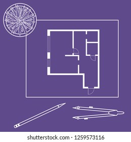 Vector illustration with apartment plan, compass, pencil, cactus. Architecture project.