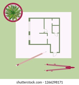 Vector illustration with apartment plan, compass, pencil, cactus. Architecture project.