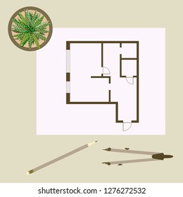 Vector illustration with apartment plan, compass, pencil, cactus. Architecture project.